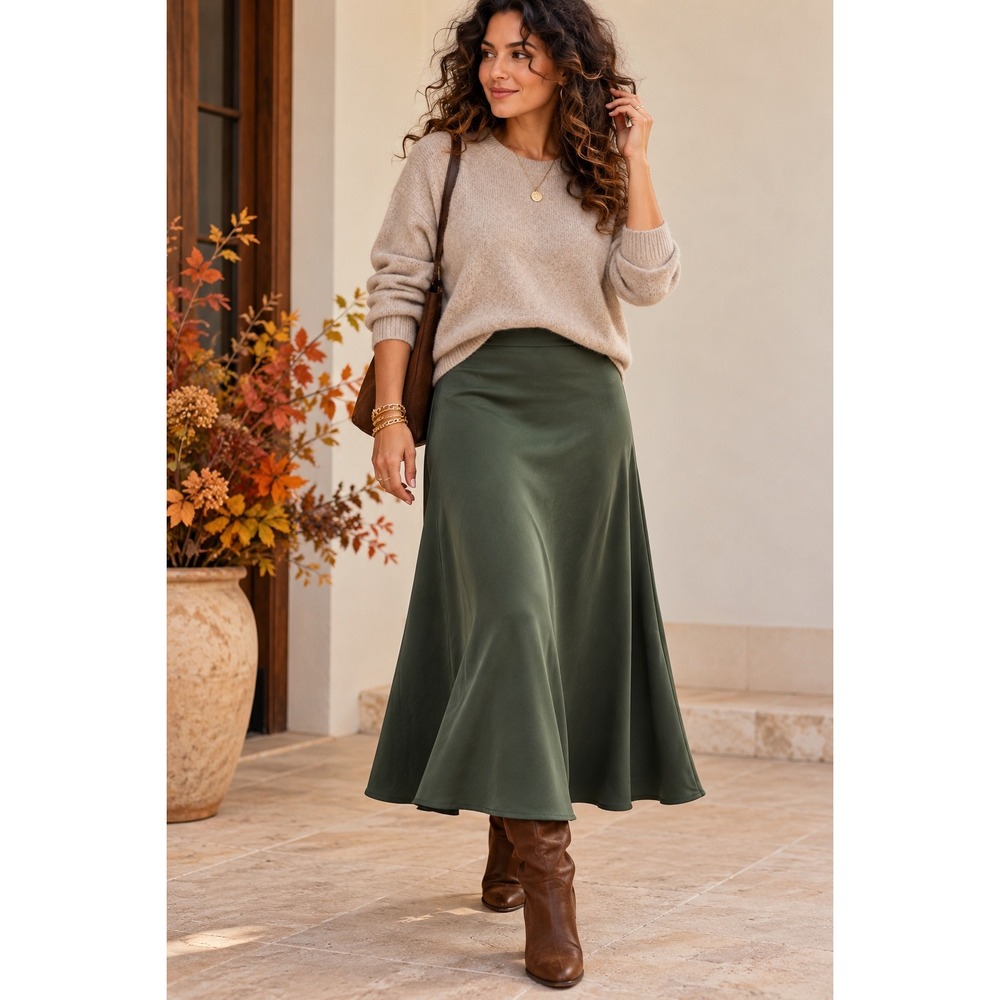 Quince Washable Silk Midi Skirt Forest Green Bias Cut Minimalist Quiet Luxury M